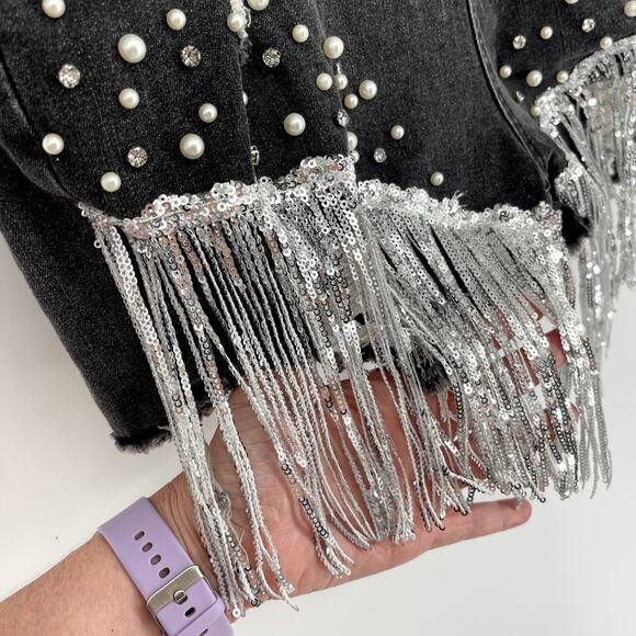 Black Stonewash Sequin Fringe Rhinestone Pearl Beads Shorts Sz XXL Stretch Denim - Picture 3 of 12